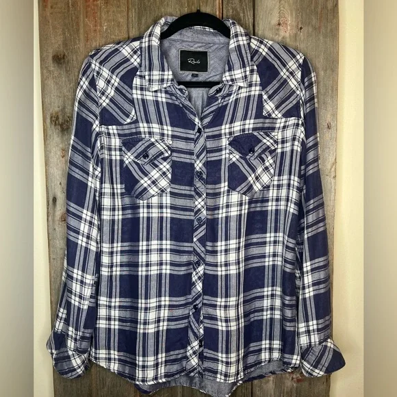 Rails Kendra Plaid Flannel Button Front Shirt Chambray Lined in Indigo sz M - Picture 2 of 14